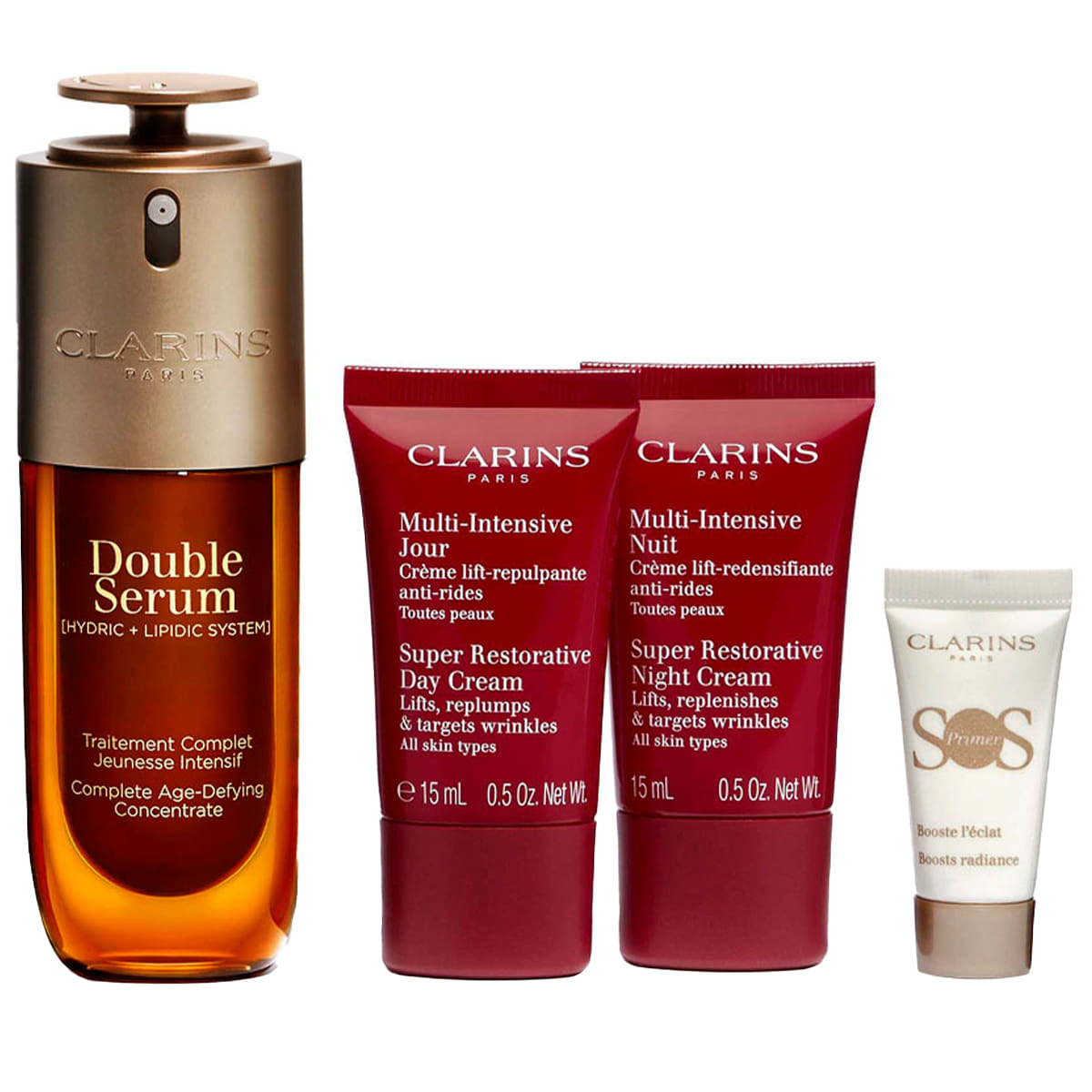 Set Clarins: Super Restorative, Reparative, Day, Cream, For Face, 15 ml + Super Restorative, Reparative, Night, Cream, For Face, 15 ml + Double, Anti-Ageing, Serum, For Face, 50 ml + S.O.S., Moisturizing, Liquid Primer, 5 ml *Miniature - Feel You