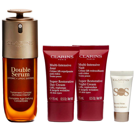 Set Clarins: Super Restorative, Reparative, Day, Cream, For Face, 15 ml + Super Restorative, Reparative, Night, Cream, For Face, 15 ml + Double, Anti-Ageing, Serum, For Face, 50 ml + S.O.S., Moisturizing, Liquid Primer, 5 ml *Miniature - Feel You