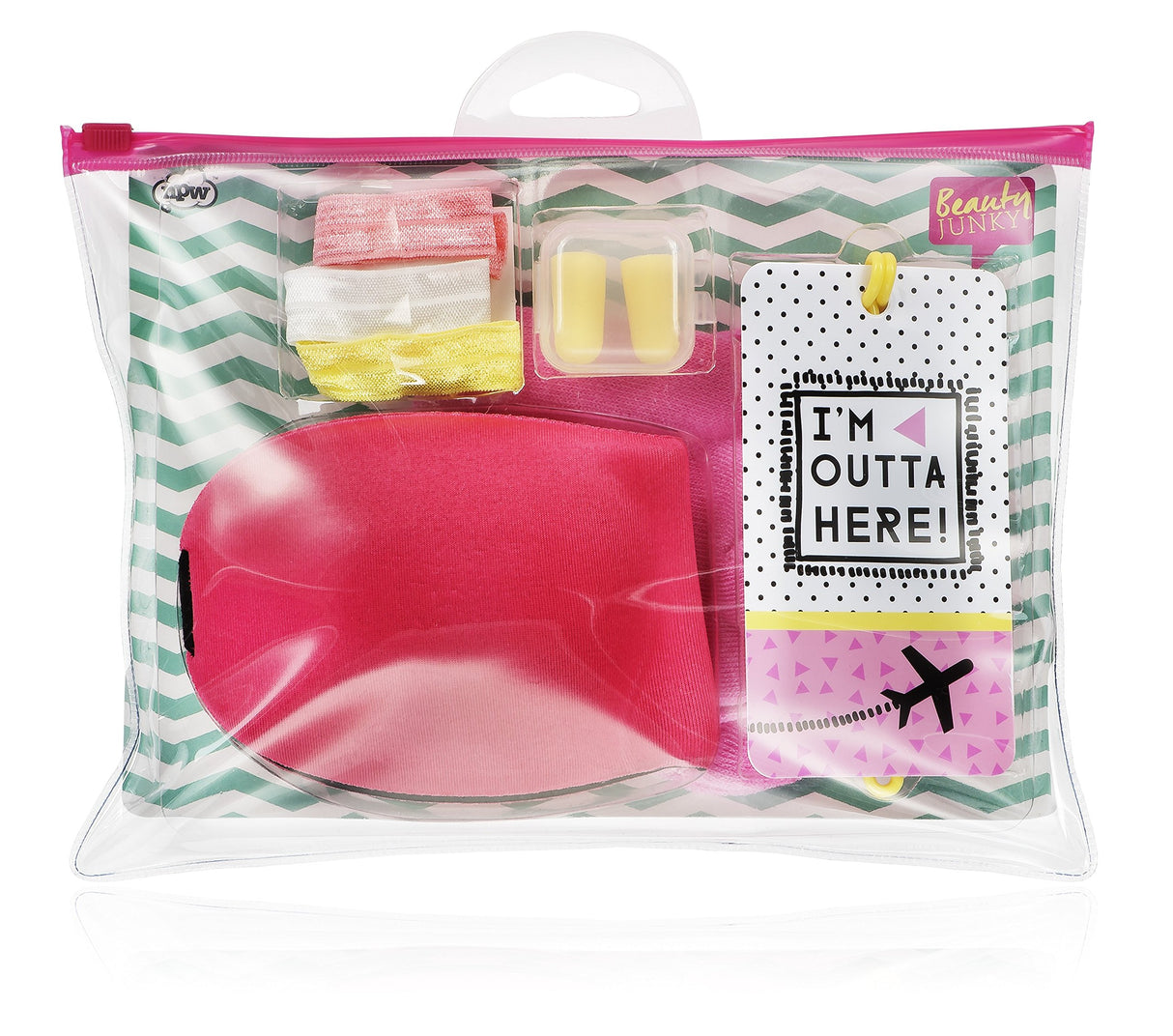 Inflight Essential Kit Set Beauty Junky: Beauty Junky, Hair Elastic, 3 pcs + Beauty Junky, Foam Earplugs + Beauty Junky, Luggage Tag, Metal Keyring + Beauty Junky, Textile Socks, For Women + Beauty Junky, Sleep Mask, Universal - Feel You