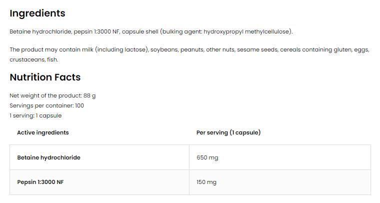 Betaine HCl + Pepsin 100 капсули - Feel You