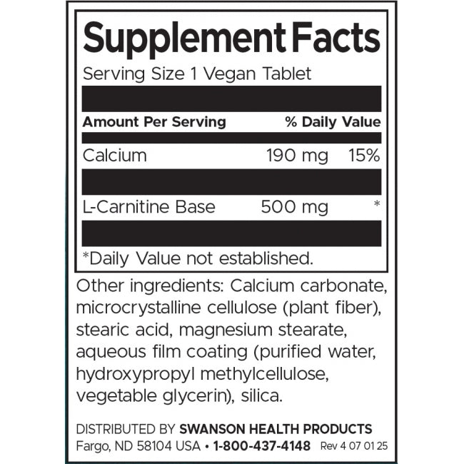 Swanson L Carnitine 500 Mg Per Tablet Dietary Supplement 30 Tablets Fatty Acid Metabolism Support