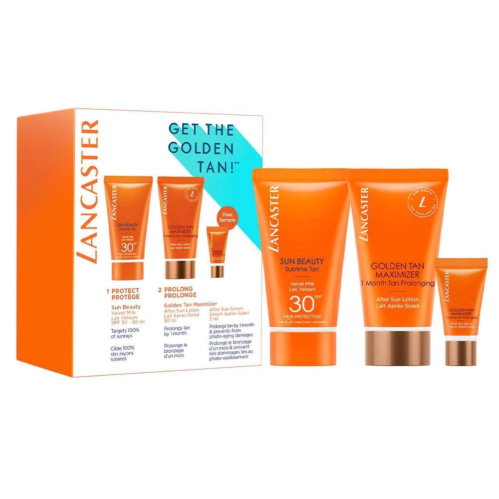 Get The Golden Tan! Set Lancaster: Golden Tan Maximizer, Buriti Oil, Anti-Wrinkle, After-Sun Serum, 3 ml + Golden Tan Maximizer, Hydrating & Soothing, After-Sun Lotion, 15 ml + Sun Beauty, UV Protection, Sunscreen Lotion, SPF 30, 15 ml - Feel You