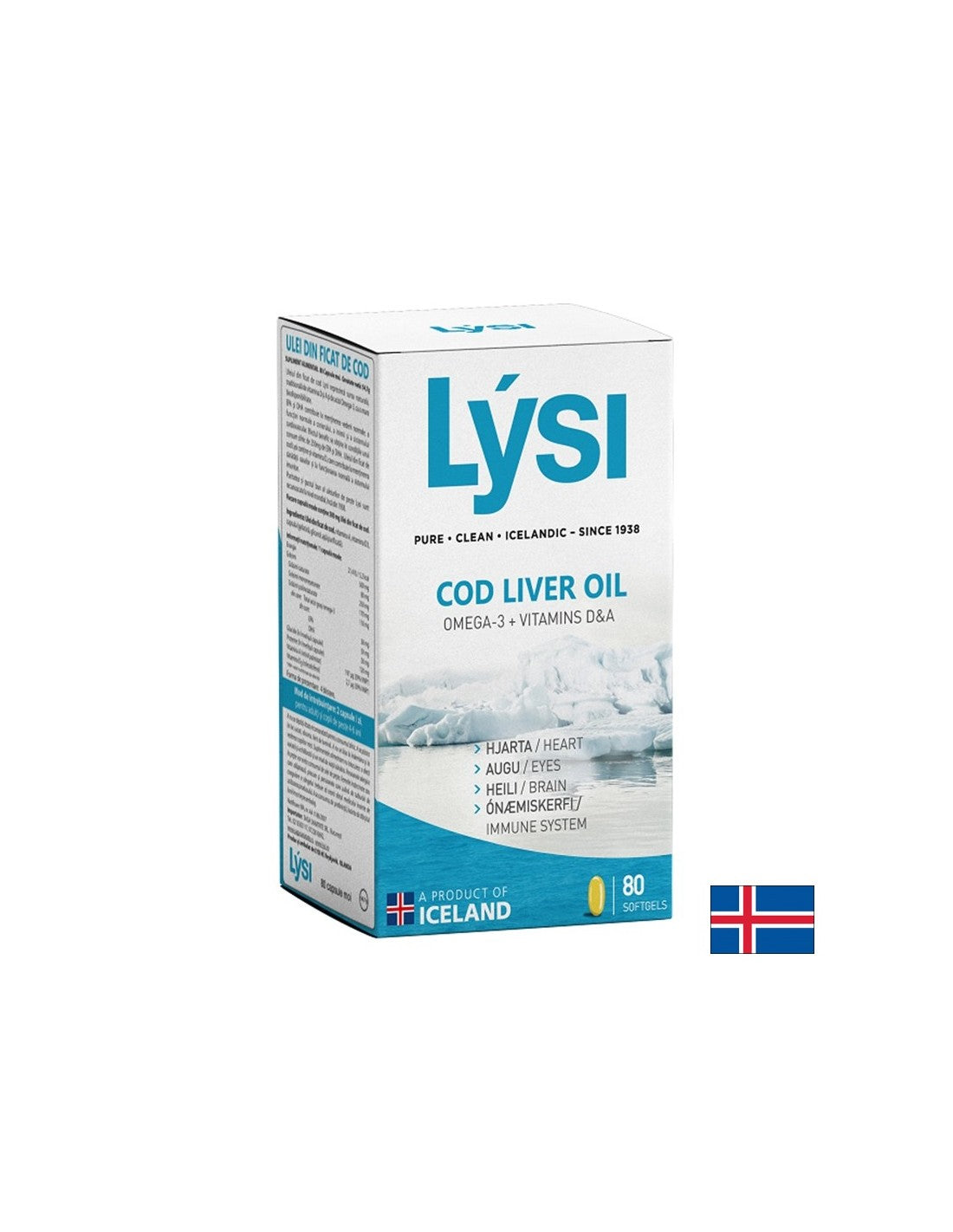Omega-3 – Icelandic cod liver oil, + vitamins A &amp; D3, 500 mg, 80 softgel capsules