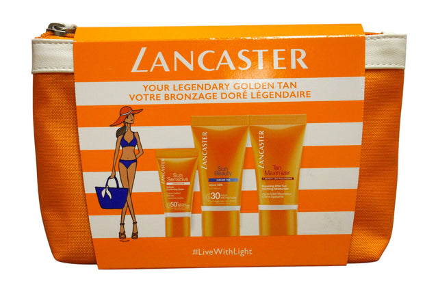 Gift Set Lancaster: Sun Beauty, Sun Protection, Body Milk, SPF 30, For Face & Body, Before Sun Exposure, 15 ml *Sample + Sun Sensitive, Sun Protection, Sunscreen Cream, For Face & Body, SPF 50+, 3 ml *Sample + Lancaster, Trousse de toilette, GWP Textil... - Feel You