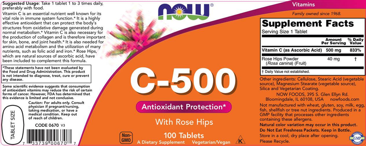 Vitamin C-500 with Rose Hips - 100 Таблетки - Feel You
