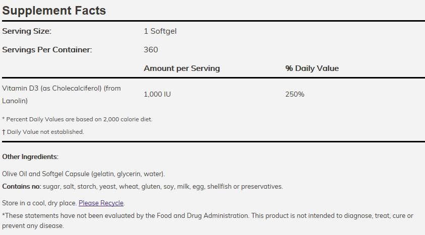 Vitamin D-3 1000 IU - 180 Gel capsules