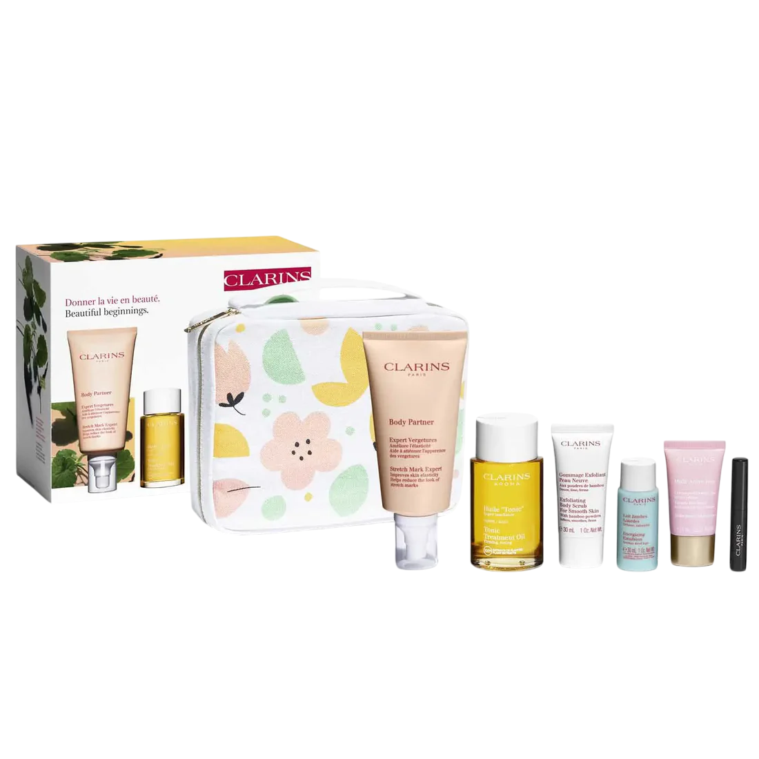 Maternity Set Clarins: Clarins, GWP Textile Pouch + Tonic, Firming, Body Oil, 100 ml + Body Partner, Anti-Stretch Marks, Body Cream, Body, 175 ml + Clarins, Exfoliating, Body Scrub, 30 ml + Extra-Firming Energy, Anti-Wrinkle, Day, Cream, For Face, 15 m... - Feel You