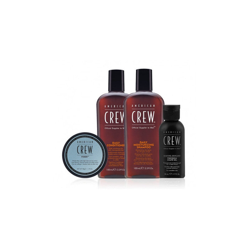 Essential Set American Crew: Daily, Hair Conditioner, For Moisturizing, 100 ml + Daily, Hair Shampoo, Moisturising, 100 ml + Fiber, Hair Styling Pomade, For Styling, Strong Hold, 50 ml + Precision, Soothing, Shaving Gel, 50 ml - Feel You