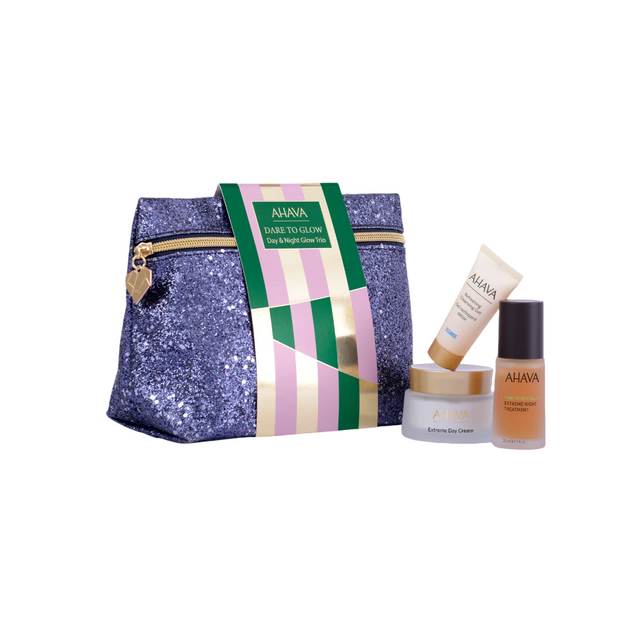 Day & Night Glow Trio Set Ahava: Extreme , Day, Cream, For Face, 50 ml + Time To Revitalize Extreme, Anti-Aging, Night, Local Treatment Serum, For Face, 30 ml + Refresing, Eliminates Impurities, Cleansing Gel, For Face, 15 ml + Ahava, GWP Textile Pouch - Feel You