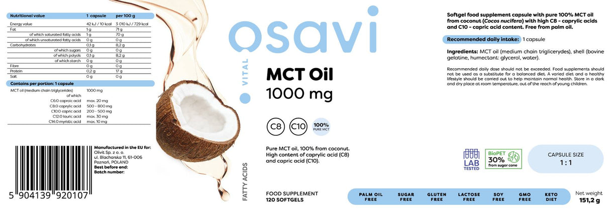 MCT Oil 1000 mg | C8 + C10 - 120 Гел капсули - Feel You