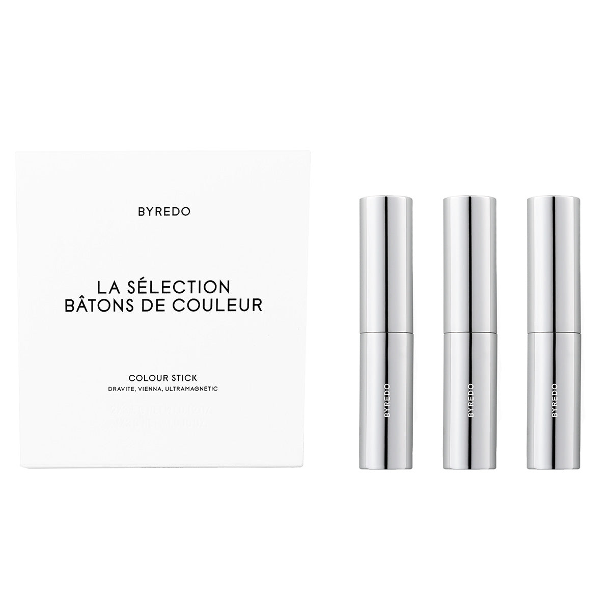Set Byredo: Colour Stick, Multifunctional, Eyeshadow Stick, Dravite, 3.5 g + Colour Stick, Multifunctional, Eyeshadow Stick, Vienna, 3.5 g + Colour Stick, Multifunctional, Eyeshadow Stick, 580, Ultramagnetic, 3.5 g + Byredo, GWP Textile Pouch - Feel You