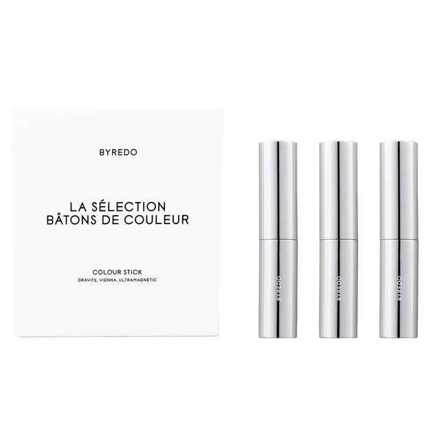 Set Byredo: Colour Stick, Multifunctional, Eyeshadow Stick, Dravite, 3.5 g + Colour Stick, Multifunctional, Eyeshadow Stick, Vienna, 3.5 g + Colour Stick, Multifunctional, Eyeshadow Stick, 580, Ultramagnetic, 3.5 g + Byredo, GWP Textile Pouch - Feel You
