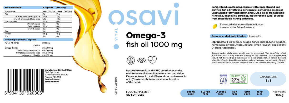 Omega 3 Fish Oil 1000 mg / Lemon Flavor - 120 Гел капсули - Feel You
