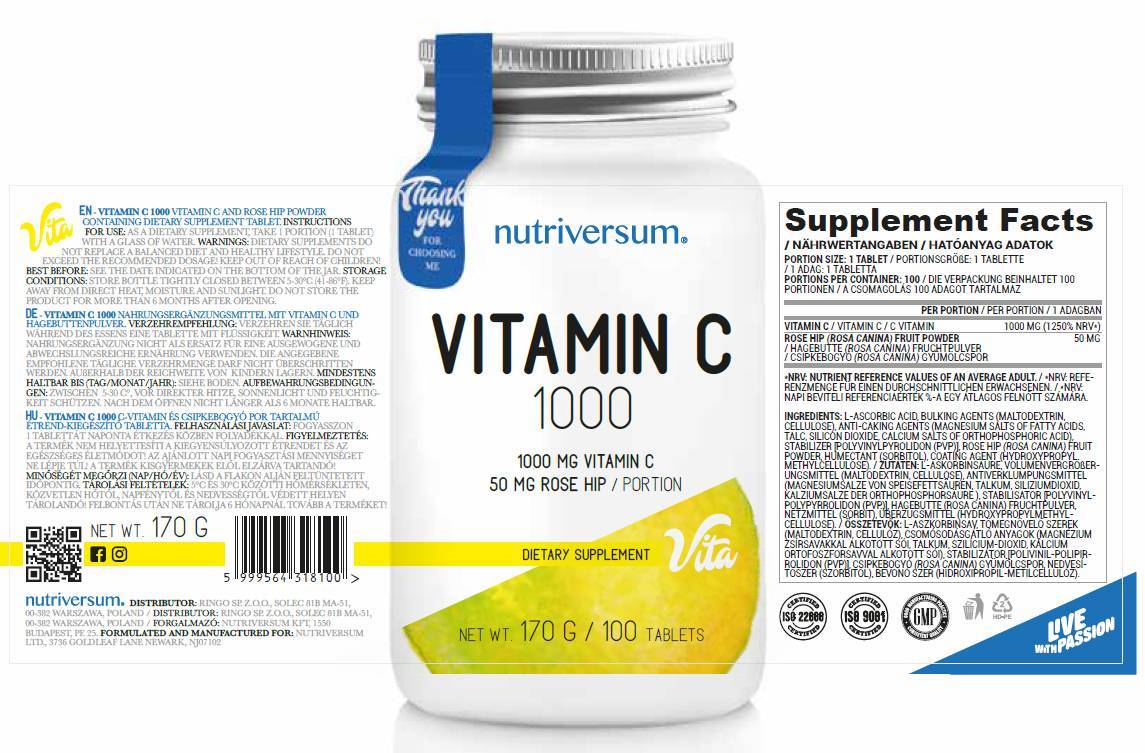 Vitamin C 1000 | with Rose Hips - 30 Таблетки - Feel You