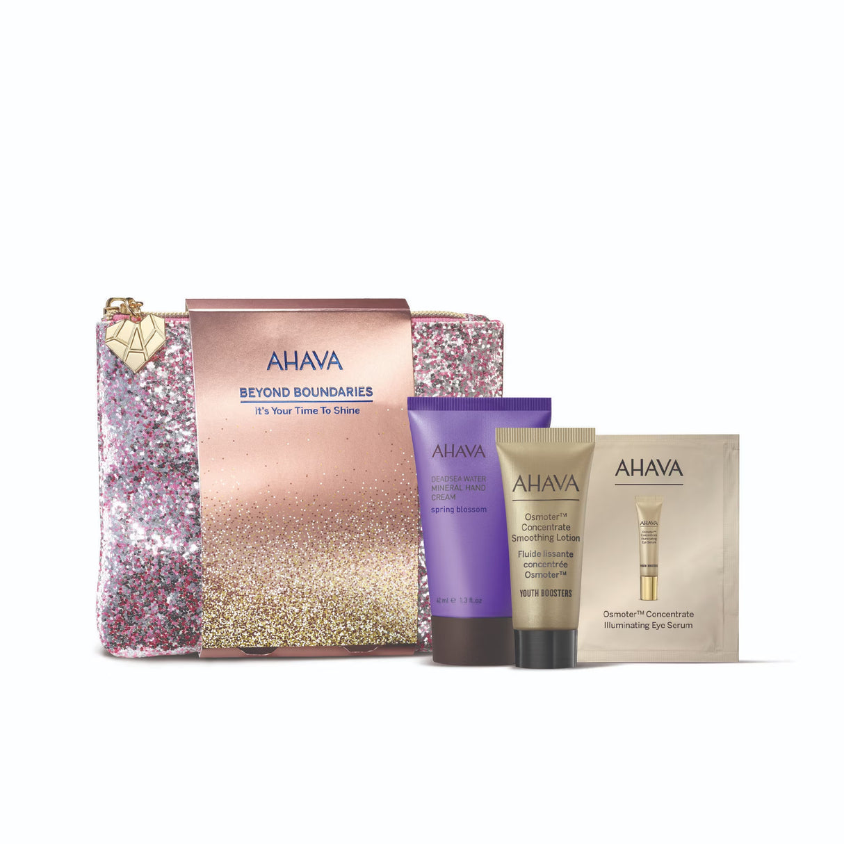 It's Your Time to Shine Set Ahava: Osmoter Concetrate, Smoothing, Lotion, For Face, 15 ml + Osmoter Concetrate, Illuminating, Eye Serum, 2 ml *Sample + Deadsea Water Mineral, Hydration, Hand Cream, Floral, 40 ml + Ahava, GWP Textile Pouch - Feel You
