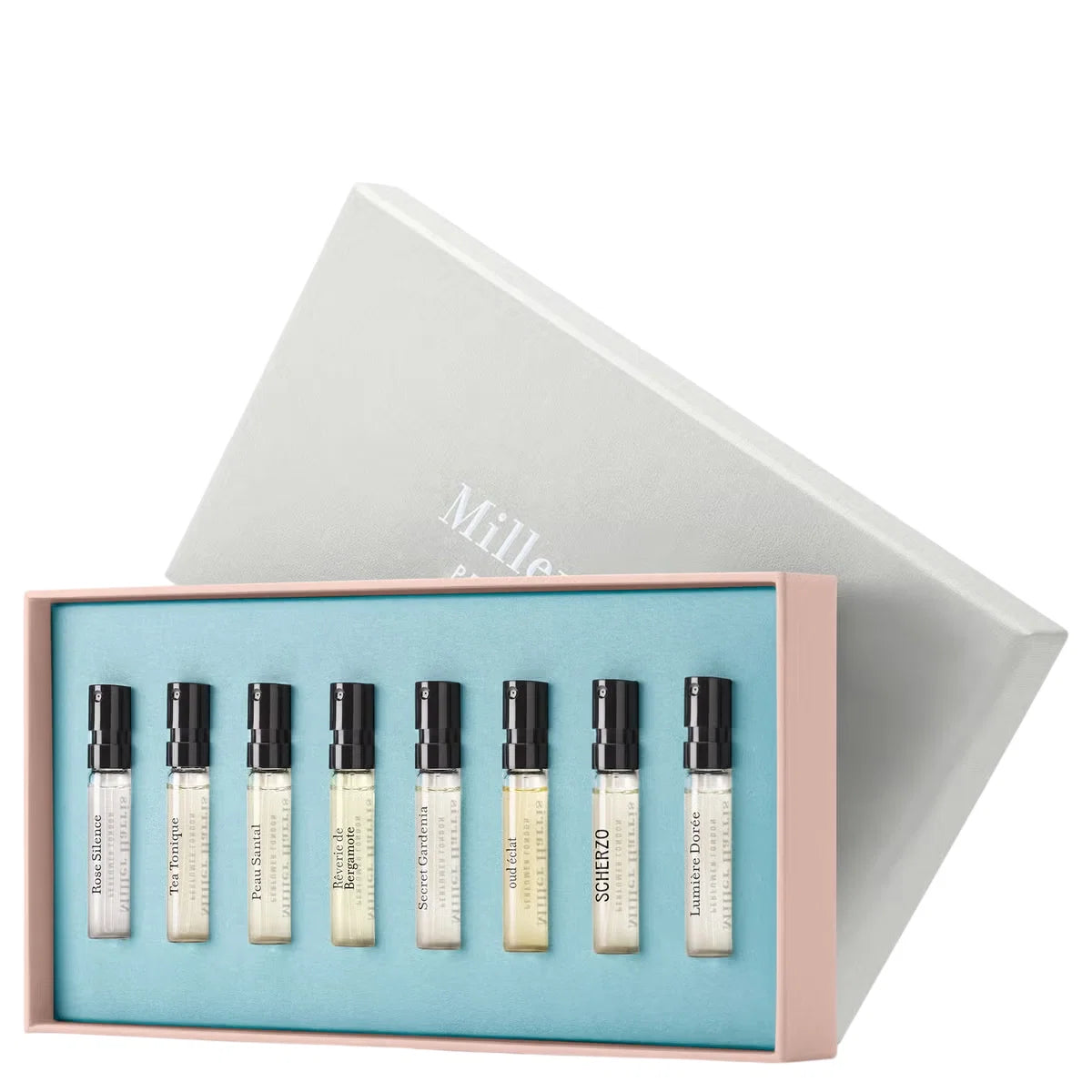 Discovery Set Miller Harris: Scherzo, Eau De Parfum, Unisex, 2 ml *Vial + Rose Silence, Eau De Parfum, For Women, 2 ml *Vial + Coeur De Jardin, Eau De Parfum, For Women, 2 ml *Vial + Tea Tonique, Eau De Parfum, Unisex, 2 ml *Vial + Peau Santal, Eau De ... - Feel You