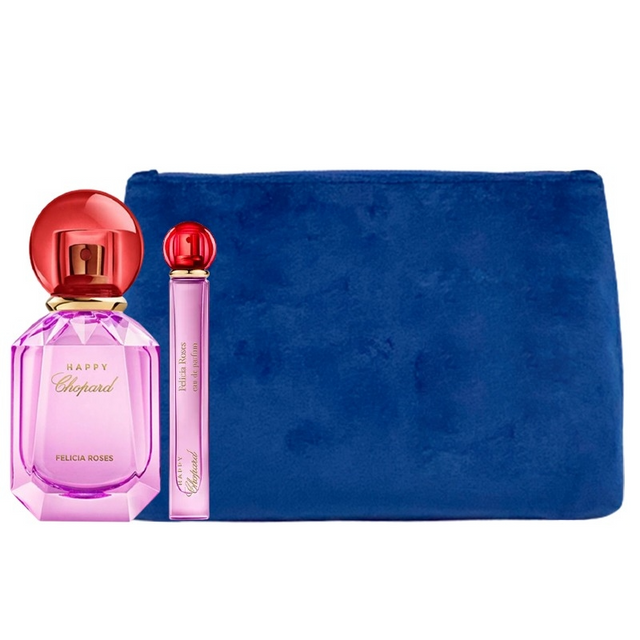 Luxury Naturals Perfumery Set Chopard: Happy Felicia Roses, Eau De Parfum, For Women, 100 ml + Happy Felicia Roses, Eau De Parfum, For Women, 10 ml + Chopard, Synthetic Leather, Textile Bag, Trouse Pouche, Blue, For Women, 2.4 x 9 x 6.2 cm - Feel You