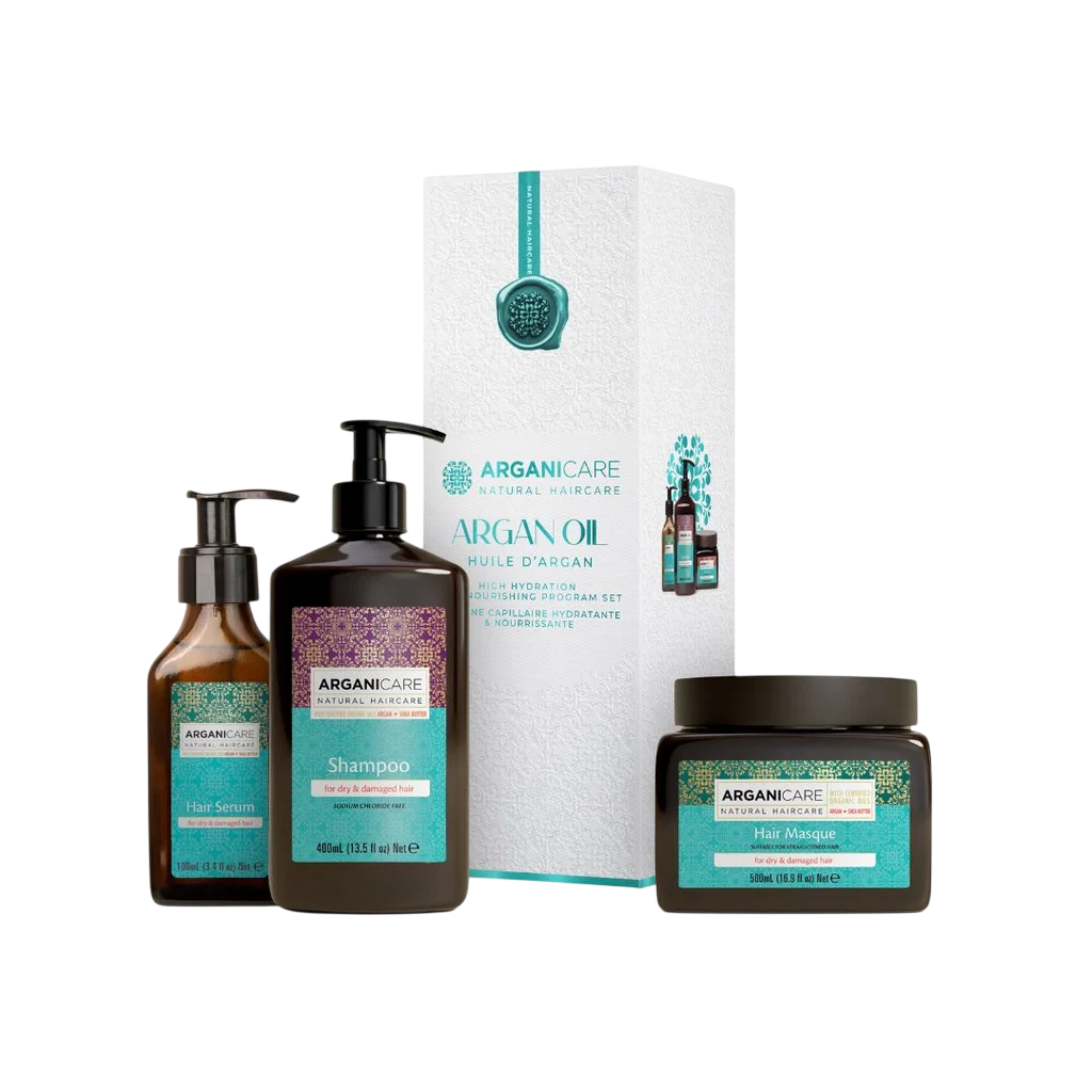 Set Arganicare: Argan Oil & Shea Butter, Hair Shampoo, Repairing & Moisturising, 400 ml + Argan Oil & Shea Butter, Hair Serum, Reparative, 100 ml + Argan Oil & Shea Butter, Hair Treatment Cream Mask, Repair, Moisturizing, 500 ml
