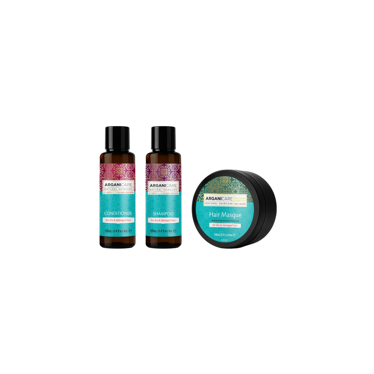 Set Arganicare: Argan Oil & Shea Butter, Hair Treatment Cream Mask, Repair, Moisturizing, 100 ml + Argan Oil & Shea Butter, Hair Shampoo, Repairing & Moisturising, 100 ml + Argan Oil & Shea Butter, Hair Conditioner, Repairing & Moisturising, 100 ml