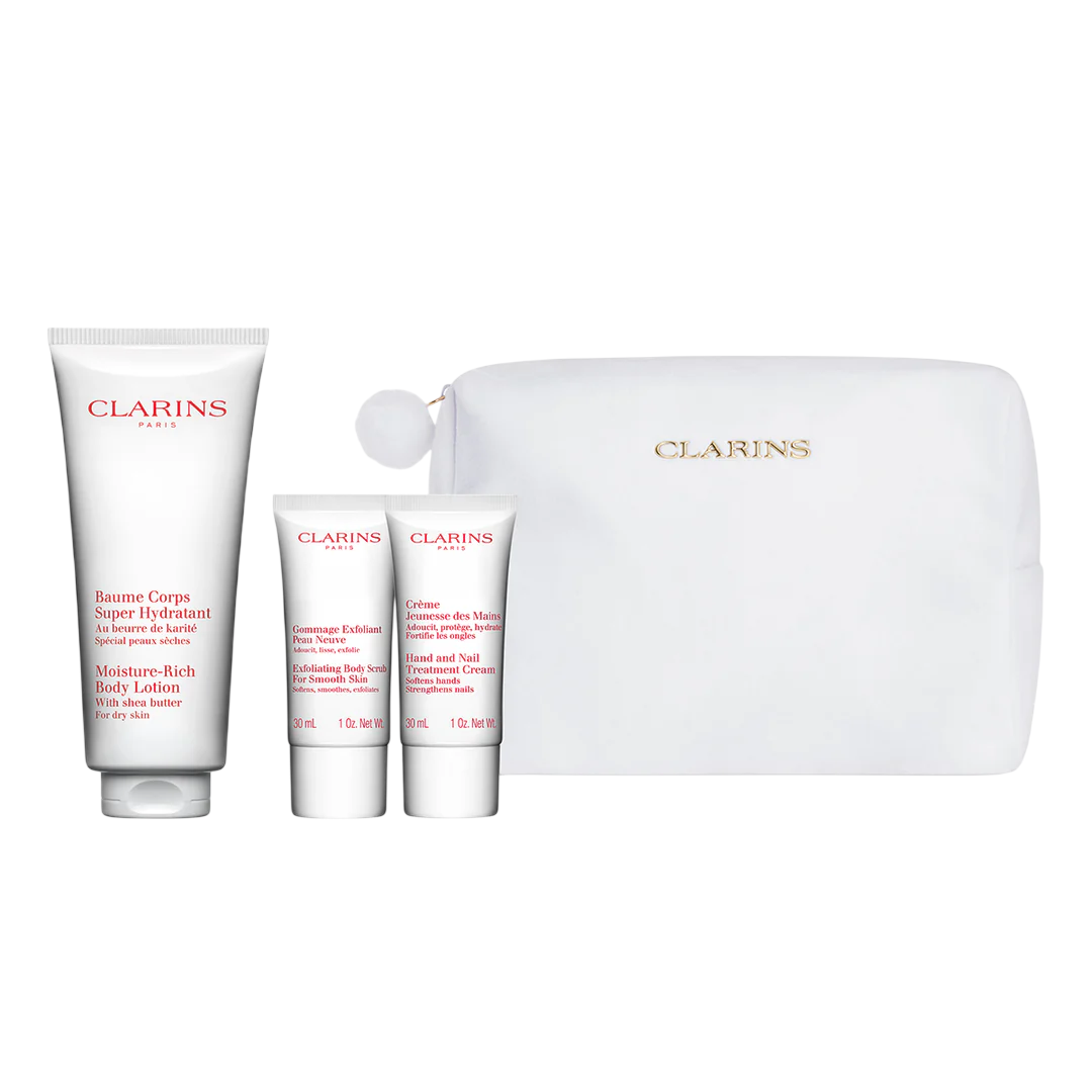 Set Clarins: Moisture-Rich, Shea Butter, Moisturising, Body Lotion, Body, 200 ml + Jeunesse Des Mains, Softening, Hand Cream, 30 ml + Gommage, Exfoliating, Body Scrub, 30 ml + Clarins, Zippered, GWP Textile Pouch, White
