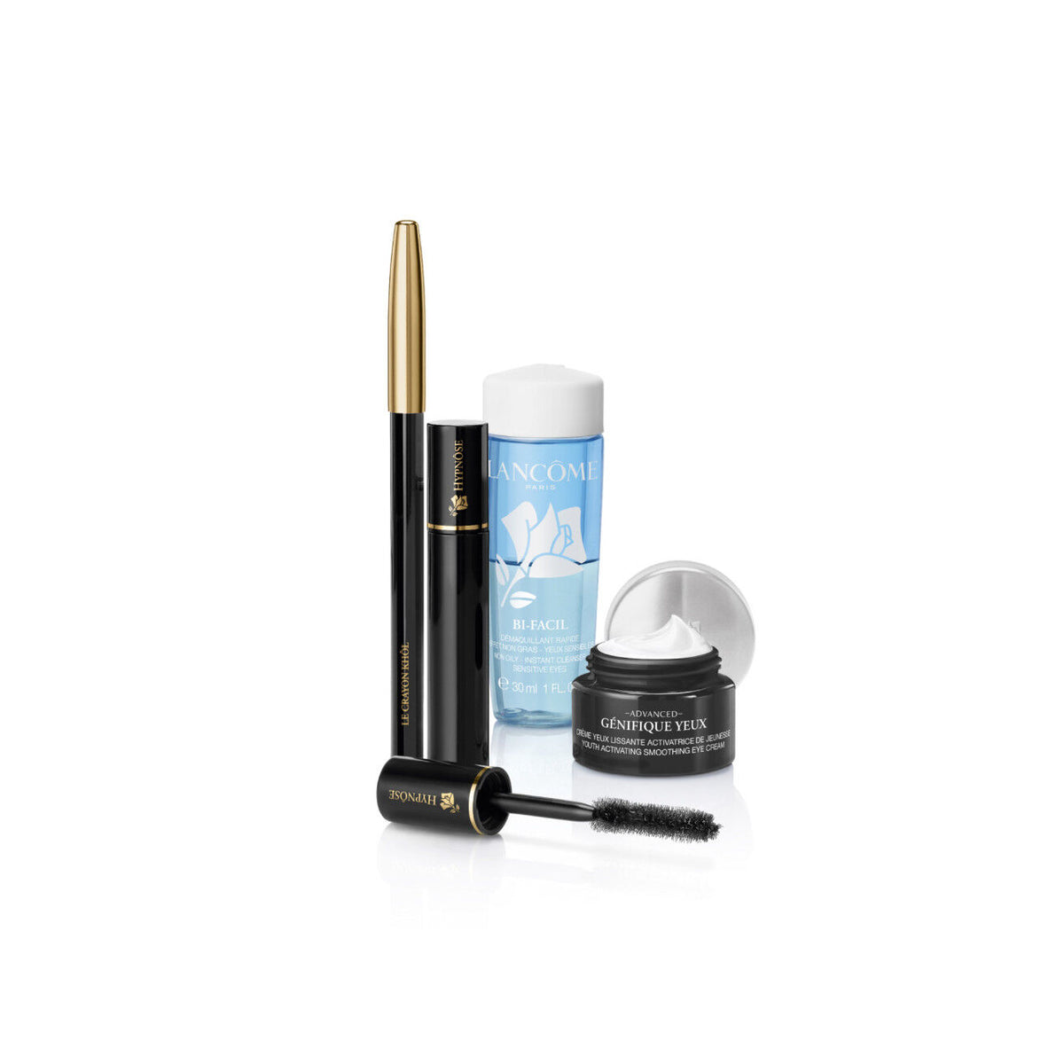 Set Lancome: Hypnose, Mascara, Black, 2 ml + Le Crayon Khol, Kohl, Kajal Eye Pencil, 1, Noir, 1.8 g + Bi-Facil, Makeup Remover Lotion, 30 ml + Advanced Genifique Yeux, Eye Serum, 5 ml