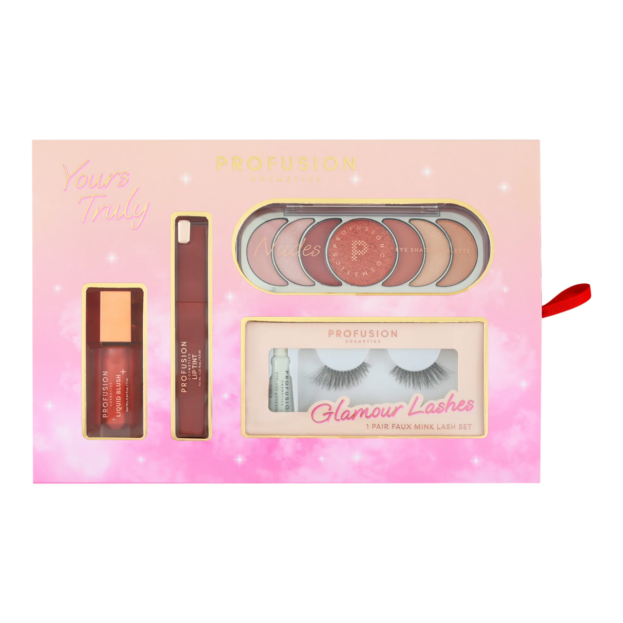 Set Profusion Cosmetics: Liquid Blush, Liquid Blush, 7 ml + Lip Tint, Liquid Lipstick, 6.5 ml + Nudes, Eyeshadow Palette, 7 Shades, 11 g + Glamour Lashes, False Eyelashes, 2 pcs