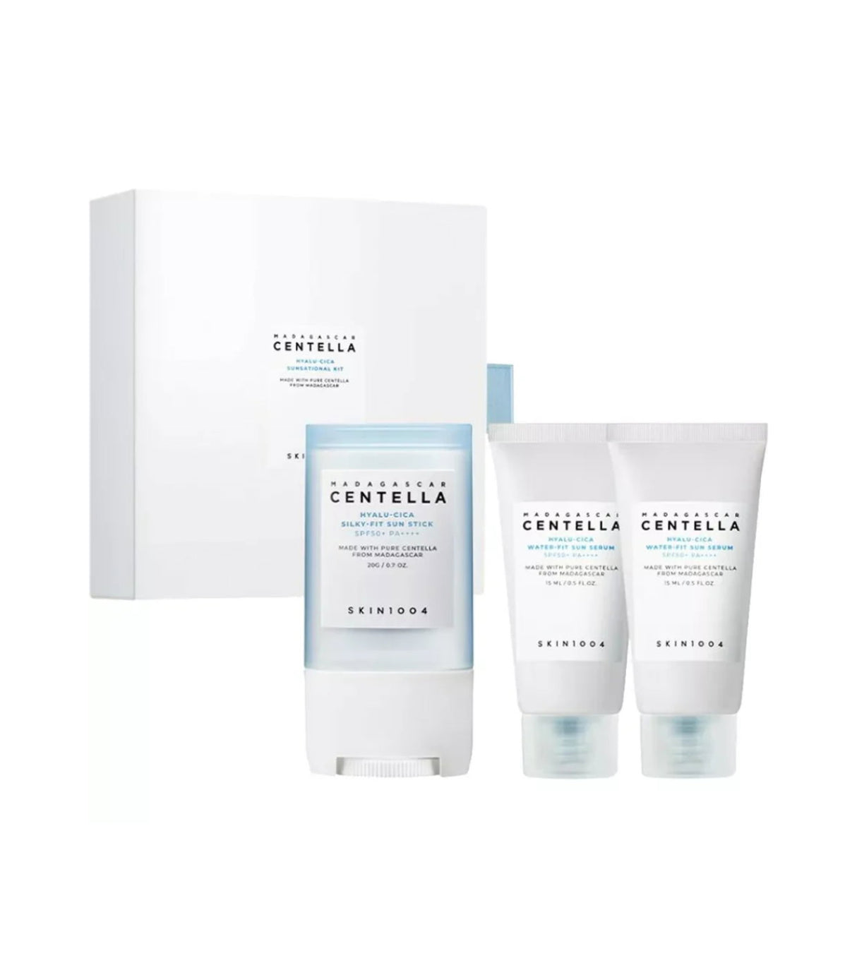 Madagascar Centella Hyalu-Cica Sunsational Set Skin1004: Hyalu-Cica, Sunscreen Stick, SPF 50+, 20 ml + Set Duo, Hyalu-Cica, Hydrating & Protecting, Before Sun Exposure, Serum, For Face, SPF 50, 2 pcs, 100 ml