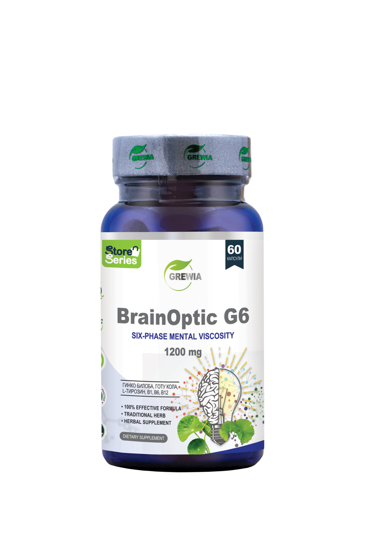 BrainOptic G6 Ginkgo Biloba, Gotu Kola, L-Tyrosine, Vitamin B6 – 1200 mg, 60 Caps.