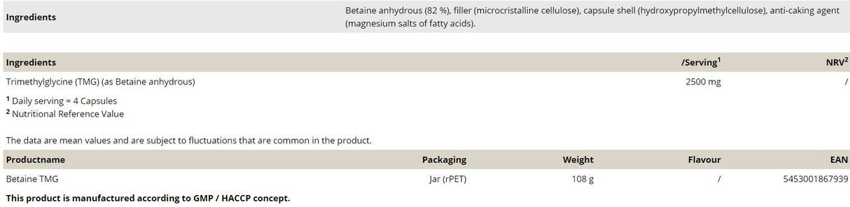 Betaine TMG 750 mg - 120 капсули - Feel You
