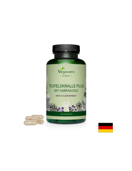Teufelskralle Plus Mit Harpagosid/ Билкова формула с дяволски нокът, бяла върба и джинджифил, 120 капсули, 100% Vegan Vegavero - Feel You