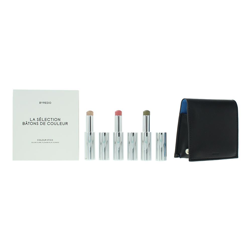 Blue Set Byredo: Colour Stick, Multifunctional, Eyeshadow Stick, 509, Solar Flare, 3.5 g + Colour Stick, Multifunctional, Eyeshadow Stick, Kumato Face, 3.5 g + Colour Stick, Multifunctional, Eyeshadow Stick, Flower Play, 3.5 g + Byredo, GWP Leather Pouch - Feel You