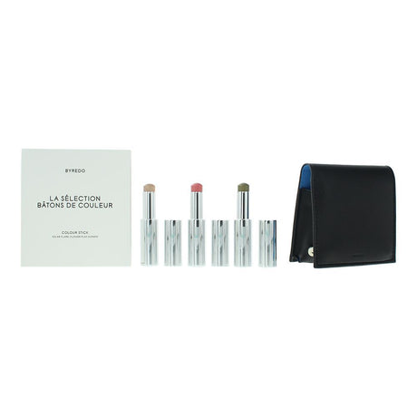 Blue Set Byredo: Colour Stick, Multifunctional, Eyeshadow Stick, 509, Solar Flare, 3.5 g + Colour Stick, Multifunctional, Eyeshadow Stick, Kumato Face, 3.5 g + Colour Stick, Multifunctional, Eyeshadow Stick, Flower Play, 3.5 g + Byredo, GWP Leather Pouch - Feel You