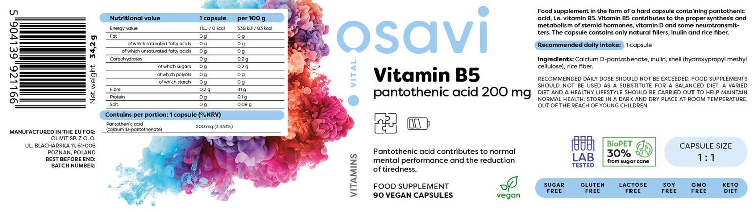 Vitamin B5 | Pantothenic Acid 200 mg - 90 капсули - Feel You